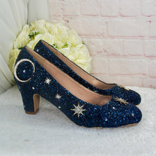 Load image into Gallery viewer, Navy Celestial Wedding Shoes – Glitter Moon & Star Block Heels