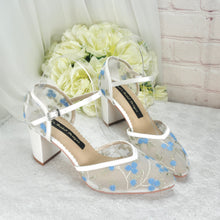 Load image into Gallery viewer, Something Blue Block Heel Embroidered Sandals, Floral Wedding Shoes