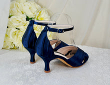 Load image into Gallery viewer, Navy Satin Bridal Sandals: Handmade Kitten Heel Wedding Shoes • UK6/US8.5