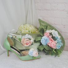Load image into Gallery viewer, Sage Green Satin Bridal Set: Handmade Clutch, Sandals & Fascinator