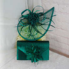 Load image into Gallery viewer, Emerald Green Satin Heel, Clutch & Fascinator Set: Handmade Wedding Guest Outfit