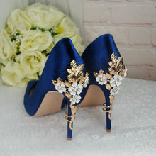 Load image into Gallery viewer, Blue Velvet Wedding Shoes with 'Cherry Blossom'