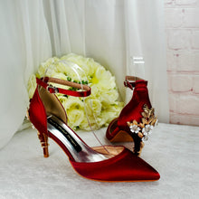 Load image into Gallery viewer, Burgundy Satin Bridal Shoes: Bridesmaid Floral Heel, Ankle Strap Size UK5/US7.5