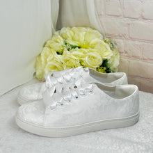 Load image into Gallery viewer, Bridal White Lace Trainers: Flat Wedding Sneakers Size UK8/US10.5