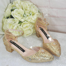 Load image into Gallery viewer, Champagne Gold Glitter Bridal Shoes: Celestial Star & Moon Block Heel Wedding Heels