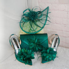 Load image into Gallery viewer, Emerald Green Satin Heel, Clutch & Fascinator Set: Handmade Wedding Guest Outfit