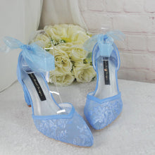 Load image into Gallery viewer, Something Blue Floral Lace Embroidered Block Heel Wedding Sandals • UK5/US7.5
