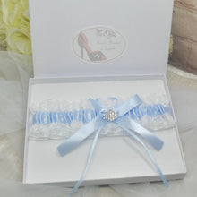 Load image into Gallery viewer, Blue Garter Something Blue Garter French Blue Wedding Custom Wedding Garters Personalise Wedding Garter Gift for Bride Bridal Shower Hen Do