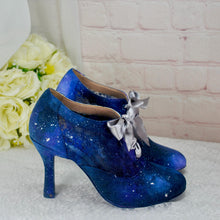 Load image into Gallery viewer, Hand-Painted Celestial Wedding Shoes – Blue Galaxy Lace-Up Heels