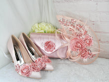 Load image into Gallery viewer, Pink Floral Embroidered Fascinator Hat & Satin Clutch Bag Set