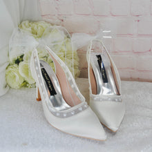Load image into Gallery viewer, Ivory Slingback Shoes, Satin Bridal Heels with Heart Pearls & Bow Detail