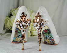 Load image into Gallery viewer, Satin Bridal Heels: Ivory Glitter with Cherry Blossom Accent UK5 / US7.5