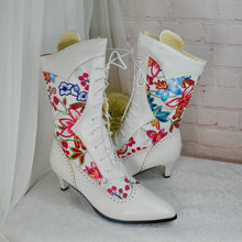 Load image into Gallery viewer, White Floral Print Wedding Boots: Low Heel Bridal Shoes UK4/US6.5