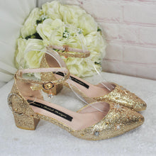 Load image into Gallery viewer, Champagne Gold Glitter Bridal Shoes: Celestial Star & Moon Block Heel Wedding Heels