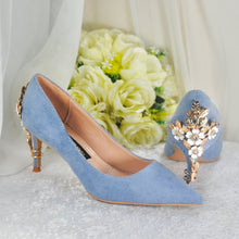 Load image into Gallery viewer, LAST ONE 6cm Heel Blue Suede Cherry Blossom Heels - UK3/US5.5