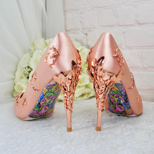 Load image into Gallery viewer, Blush Pink Satin Bridal Shoes with Rose Gold Filigree Vines
