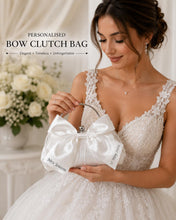 Load image into Gallery viewer, Personalised White Satin Bow Clutch Bag – Custom Bridal Wedding Purse