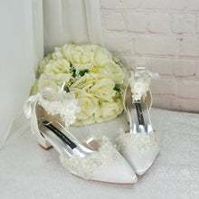 Load image into Gallery viewer, Ivory Satin and Lace Floral Block Heels Bridal Shoes – UK3 – Ready to Dispatch