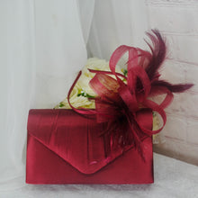 Load image into Gallery viewer, Burgundy Fascinator and Clutch Bag Set: Handmade Satin Wedding Accessory
