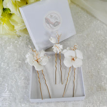 Load image into Gallery viewer, Handmade Gold or Silver Ceramic Flower Hair Pins with Pearls (Set of 3)