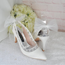 Load image into Gallery viewer, Ivory Slingback Shoes, Satin Bridal Heels with Heart Pearls & Bow Detail