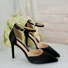 Load image into Gallery viewer, Black Satin Heel, Clutch & Fascinator Set: Handmade Bridal Shoes