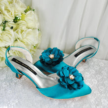Load image into Gallery viewer, Teal Green Satin Kitten Heels - UK8 - Ready to Dispatch