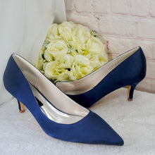 Load image into Gallery viewer, Navy Blue Satin Bridal Set: Heels, Clutch Bag & Fascinator