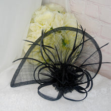 Load image into Gallery viewer, Black Satin Bridal Set: Stiletto Heels, Clutch Bag & Sinamay Fascinator Hatinator