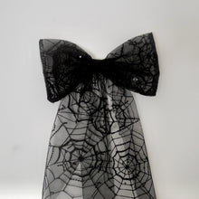 Load image into Gallery viewer, Halloween Bridal Bow – Handmade Cobweb Hair Bow | Sparkling Black Wedding Veil Alternative