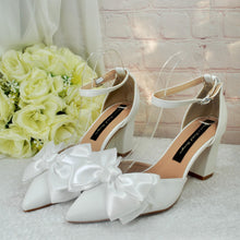 Load image into Gallery viewer, Bridal Block Heel Sandals - White Satin Bow, Handmade Comfortable Wedding Shoes UK5 US7.5