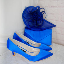 Load image into Gallery viewer, Royal Blue Satin Bridal Set: Kitten Heels, Clutch & Fascinator