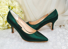 Load image into Gallery viewer, Emerald Green Satin Bridal Shoes: Mid Heel Custom Colour Bridesmaid Heels