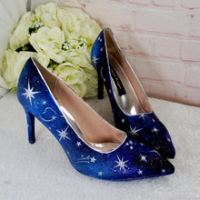 Load image into Gallery viewer, Blue Satin Celestial Wedding Shoes: Hand-Painted Galaxy Bridal Heels UK7.5/US10