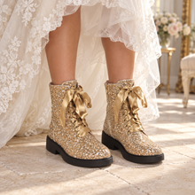 Load image into Gallery viewer, Glitter Bridal Combat Boots – Alternative Flat Wedding Boots