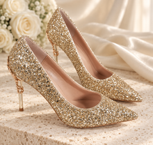 Load image into Gallery viewer, Glitter Bridal Heels with Metal Leaf Filigree – Custom Colours