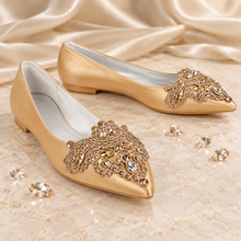 Load image into Gallery viewer, Gold Satin Pointed-Toe Bridal Flats with Rhinestone Appliqué