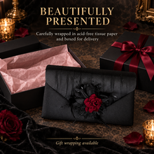 Load image into Gallery viewer, Gothic Black Satin Clutch Bag – Dark Red Velvet Rose Alternative Bridal Purse