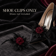 Load image into Gallery viewer, Gothic Black Floral Shoe Clips – Burgundy Velvet Rose, Lace & Feathers