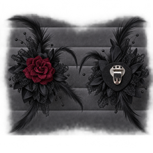 Load image into Gallery viewer, Gothic Black Floral Shoe Clips – Burgundy Velvet Rose, Lace & Feathers