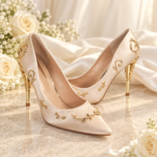Load image into Gallery viewer, Champagne Satin Bridal Shoes: Gold Filigree Vine Wedding Heels