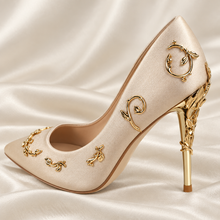 Load image into Gallery viewer, Champagne Satin Bridal Shoes: Gold Filigree Vine Wedding Heels