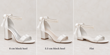 Load image into Gallery viewer, Ivory Satin Bridal Sandals with Pearl Ankle Detail | Three Heel Options