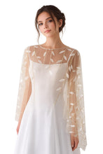 Load image into Gallery viewer, Golden Leaf Embroidered Bridal Cape – Sheer Tulle Wedding Dress Cover
