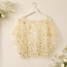 Load image into Gallery viewer, Golden Leaf Embroidered Bridal Cape – Sheer Tulle Wedding Dress Cover