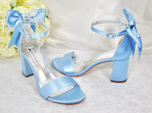 Load image into Gallery viewer, Beautiful Blue Satin Shoes, Block Heel Wedding Shoes, Bow Bridal Shoes