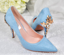 Load image into Gallery viewer, Blue Suede Wedding Shoes with 'Cherry Blossom' UK4/US6.5