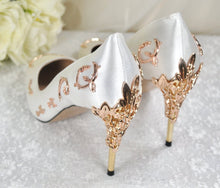 Load image into Gallery viewer, Ivory Satin Wedding Shoes with Gold Vines, UK8