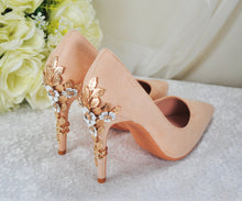Load image into Gallery viewer, Colour of the Year Peach Bridal Shoes with Floral Heel Embellishment