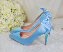 Load image into Gallery viewer, Blue Satin Wedding Shoes with Bridal Bow Size UK6.5/US9